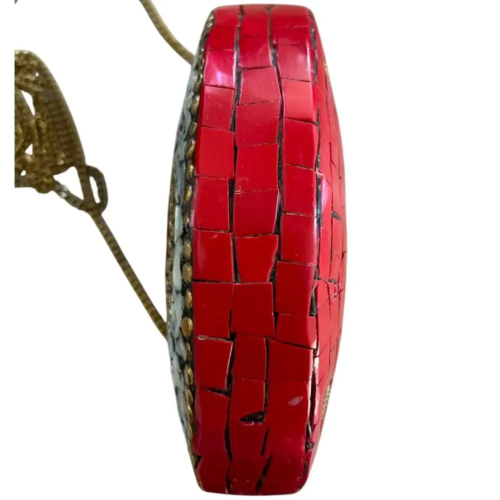 Red White & Brass Pearlescent Mosaic Mini Crossbody Purse Western Boho Indian